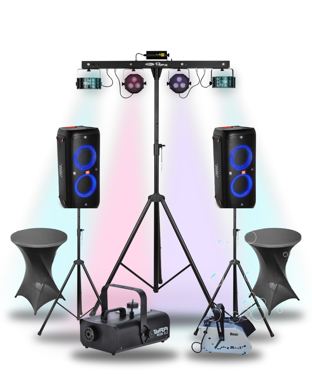Complete disco-set: partybar met licht, twee JBL-speakers op statief, rookmachine, bellenblaasmachine en statafels met zwarte rok
